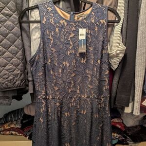 Sleeveless Navy Lace Overlay Dress with Nude Lining